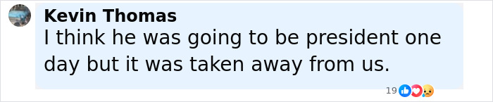 Comment by Kevin Thomas mentioning a lost presidential future, reflecting mass fury after Charlie Kirk's funeral.