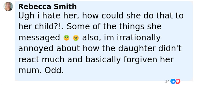 Comment expressing shock and confusion over a mom anonymously bullying her daughter for a year and the daughter's reaction.
