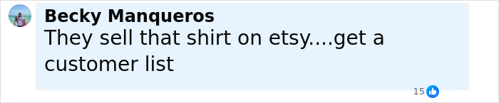 Facebook comment by Becky Mangueros discussing selling a shirt on Etsy and getting a customer list.