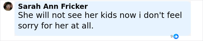 Comment by Sarah Ann Fricker expressing no sympathy for mom of 3 missing kids amid DUI and fugitive dad events.