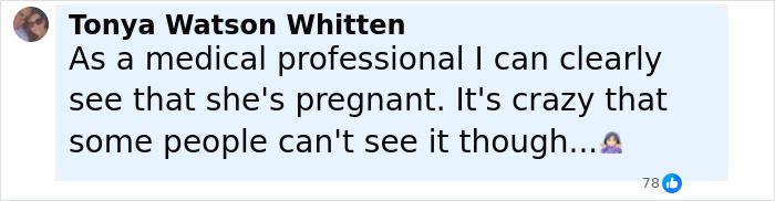 Comment by Tonya Watson Whitten discussing a cheerleader's pregnancy visibility amid controversy. Comment by Tonya Watson Whitten discussing a cheerleader's pregnancy visibility amid controversy.