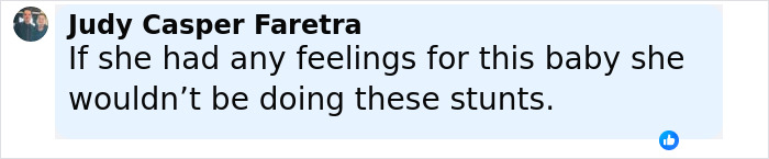 Comment from Judy Casper Faretra discussing feelings about a baby in relation to performing risky stunts. Comment from Judy Casper Faretra discussing feelings about a baby in relation to performing risky stunts.