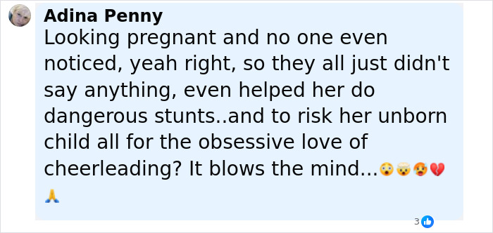 Comment criticizing a cheerleader who risked her unborn child for cheerleading, expressing shock and disbelief. Comment criticizing a cheerleader who risked her unborn child for cheerleading, expressing shock and disbelief.