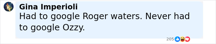 Social media comment mentioning Roger Waters and Ozzy Osbourne in a discussion about music and public opinions. Social media comment mentioning Roger Waters and Ozzy Osbourne in a discussion about music and public opinions.