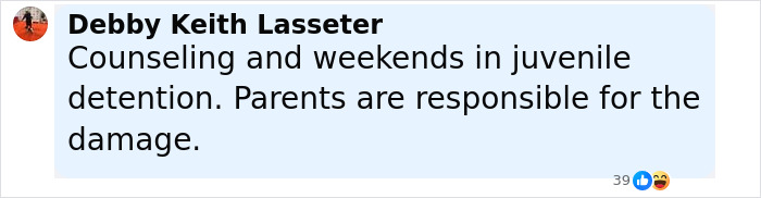 Comment from Debby Keith Lasseter about counseling and parents' responsibility in juvenile detention, mentioning two mothers applauded for turning in children.