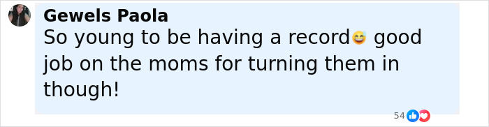 Comment praising two mothers for turning in their children aged 12 and 13, applauding their responsible actions.