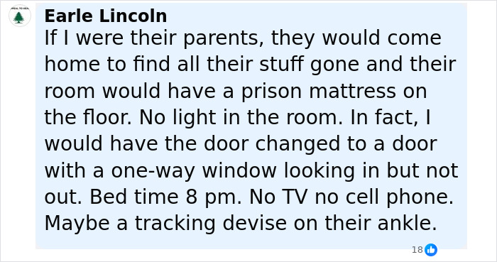 Screenshot of a Facebook comment by Earle Lincoln discussing strict parenting measures for children aged 12 and 13.