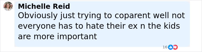 Comment by Michelle Reid discussing co-parenting and importance of kids amid Miranda Kerr and Orlando Bloom breakup news.