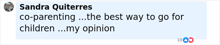 Comment by Sandra Quiterres about co-parenting as the best way for children, sharing her opinion on the topic.