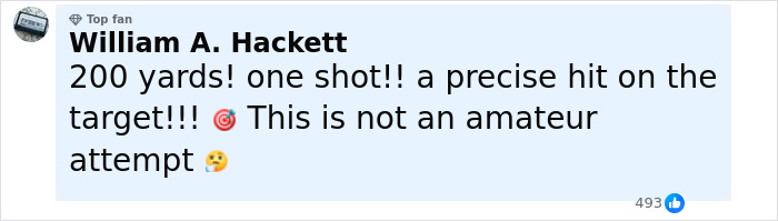 Comment from William A. Hackett highlighting a precise 200-yard sniper shot related to FBI update on Charlie Kirk case.