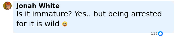 Comment by Jonah White about teacher arrested for using poop spray causing repairs and sickness, with laughing emoji.