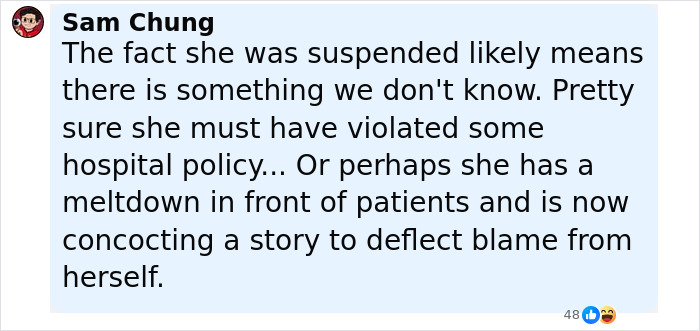 Comment by Sam Chung discussing nurse suspended for calling out doctor&rsquo;s sick Charlie Kirk remark after his passing.