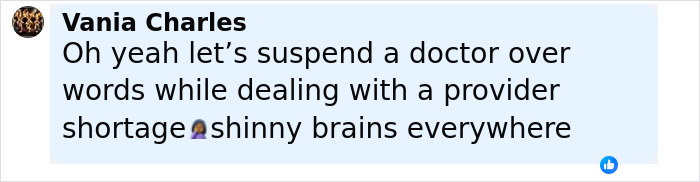 Screenshot of a social media comment criticizing suspension of nurse for calling out doctor's remark after Charlie Kirk's passing.