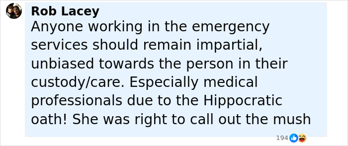 Comment by Rob Lacey emphasizing the importance of impartiality for medical professionals and supporting nurse calling out doctor.