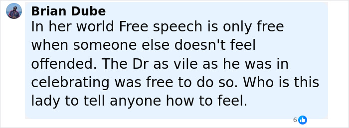 Screenshot of a Facebook comment discussing free speech related to nurse suspended for calling out doctor's sick Charlie Kirk remark.