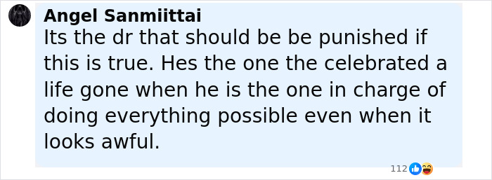 Comment from Angel Sanmiittai discussing punishment for doctor and responsibility in patient care, related to nurse suspended case.
