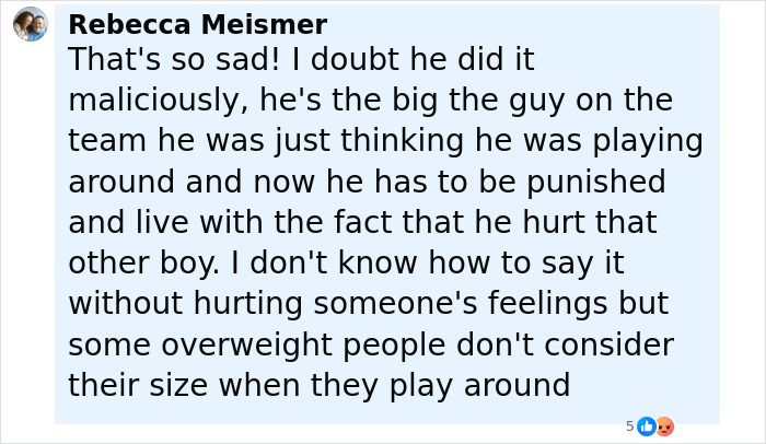 Comment by Rebecca Meismer expressing doubt about the football player's intent in fracturing rival&rsquo;s spine incident.