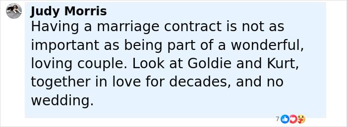 Comment by Judy Morris discussing marriage contracts and lasting love in response to Keanu Reeves' girlfriend addressing marriage rumors.