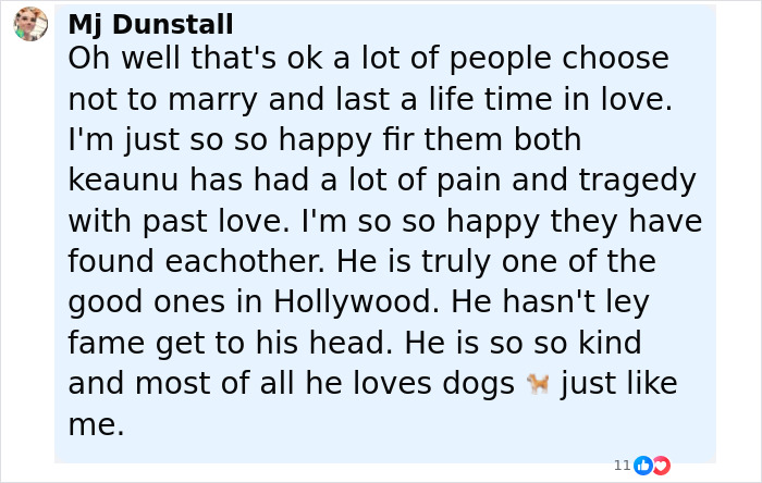 Comment praising Keanu Reeves' kindness and love for dogs, mentioning marriage and past pain.