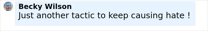 Comment from Becky Wilson stating Just another tactic to keep causing hate in a social media post. Comment from Becky Wilson stating Just another tactic to keep causing hate in a social media post.