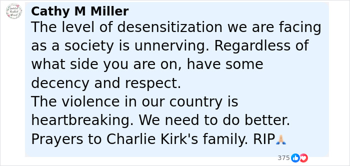 Comment from Cathy M Miller expressing concern over violence and offering prayers to Charlie Kirk's family after fatal attack.