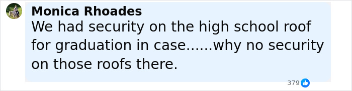 Comment by Monica Rhoades discussing security presence on the high school roof related to horrific last moments of Charlie Kirk. Comment by Monica Rhoades discussing security presence on the high school roof related to horrific last moments of Charlie Kirk.