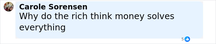 Comment by Carole Sorensen questioning the belief that money solves everything, displayed on a social media post. Comment by Carole Sorensen questioning the belief that money solves everything, displayed on a social media post.