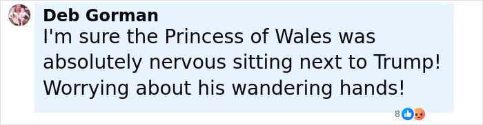 Comment about Kate Middleton seated next to an unexpected Trump relative at a state banquet, expressing nervousness. Comment about Kate Middleton seated next to an unexpected Trump relative at a state banquet, expressing nervousness.