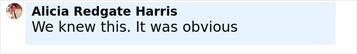 Screenshot of a social media comment by Alicia Redgate Harris reacting to a false assassination confession. Screenshot of a social media comment by Alicia Redgate Harris reacting to a false assassination confession.