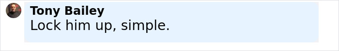 Screenshot of a social media comment by Tony Bailey saying Lock him up, simple regarding false assassination claim. Screenshot of a social media comment by Tony Bailey saying Lock him up, simple regarding false assassination claim.