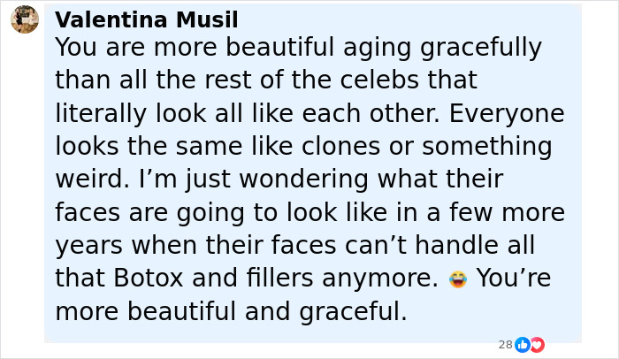 Comment praising Alicia Silverstone for aging gracefully and looking youthful compared to other celebrities using Botox and fillers. Comment praising Alicia Silverstone for aging gracefully and looking youthful compared to other celebrities using Botox and fillers.