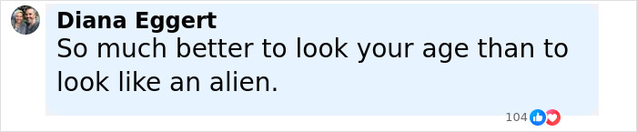 Comment by Diana Eggert criticizing unnatural appearance, posted with 104 likes and reactions visible. Comment by Diana Eggert criticizing unnatural appearance, posted with 104 likes and reactions visible.