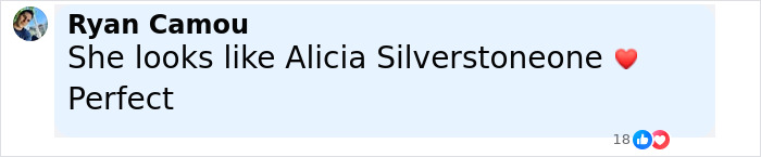 Comment from Ryan Camou praising Alicia Silverstone’s youthful appearance with a heart emoji. Comment from Ryan Camou praising Alicia Silverstone’s youthful appearance with a heart emoji.