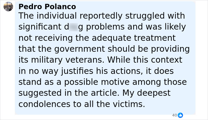 Comment discussing Michigan suspect's drug struggles and possible motive before church attack, offering condolences to victims.