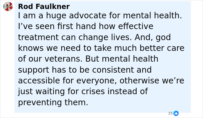 Text post by Rod Faulkner advocating for consistent mental health support to prevent crises, linked to Michigan suspect's eerie confession.