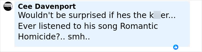 Comment saying wouldn't be surprised if he&rsquo;s the killer, referring to a singer linked to a decomposing body found in an abandoned Tesla.