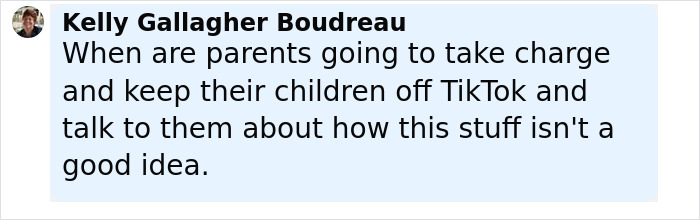 Comment from a woman urging parents to keep children off TikTok due to a viral TikTok trend causing lifeless and catastrophic injuries.