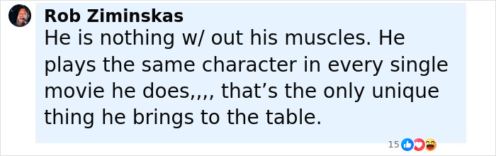 Comment from Rob Ziminskas criticizing Dwayne Johnson&rsquo;s muscle-based roles amid fans defending actor&rsquo;s new slim look.