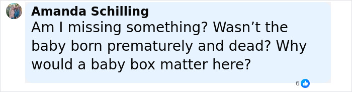 Comment by Amanda Schilling questioning the relevance of the safe haven baby box in the Kentucky cheerleader case revelation. Comment by Amanda Schilling questioning the relevance of the safe haven baby box in the Kentucky cheerleader case revelation.