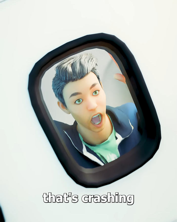 Animated character with shocked expression looking out of a plane window during a chilling plane crash simulation Animated character with shocked expression looking out of a plane window during a chilling plane crash simulation