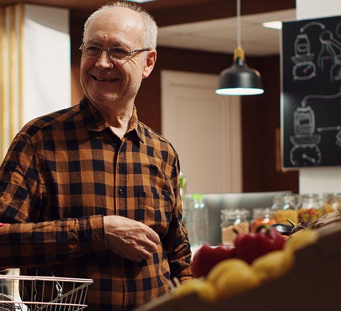 Elderly man smiling in a grocery store, exhibiting habits people who used to be poor can't get rid of.