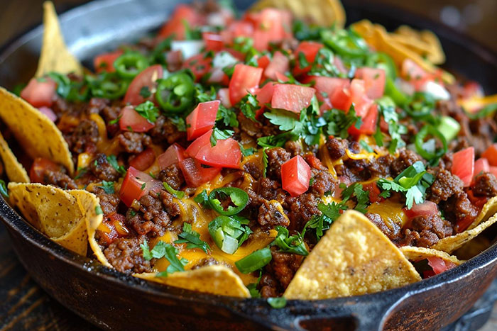 Skillet loaded with nachos topped with seasoned ground beef, melted cheese, diced tomatoes, jalapeños, and fresh cilantro.