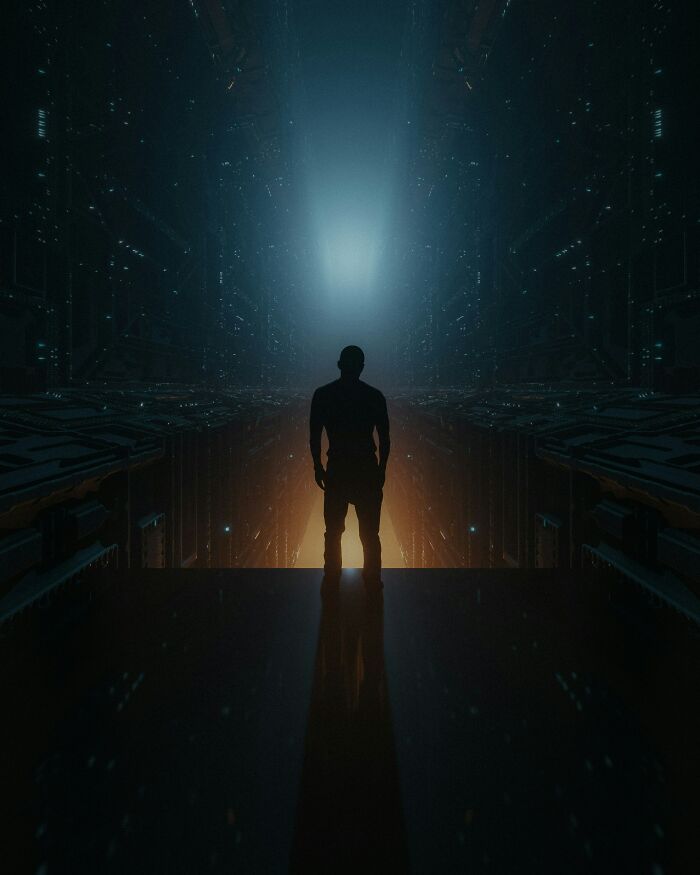 Silhouette of a person standing in a dark futuristic corridor with glowing lights, evoking trust your gut feeling and precognition.