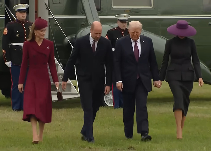 William and Kate walking with Donald and Melania Trump outdoors near a helicopter, relating to Princess Charlotte&rsquo;s curtsy mistake.