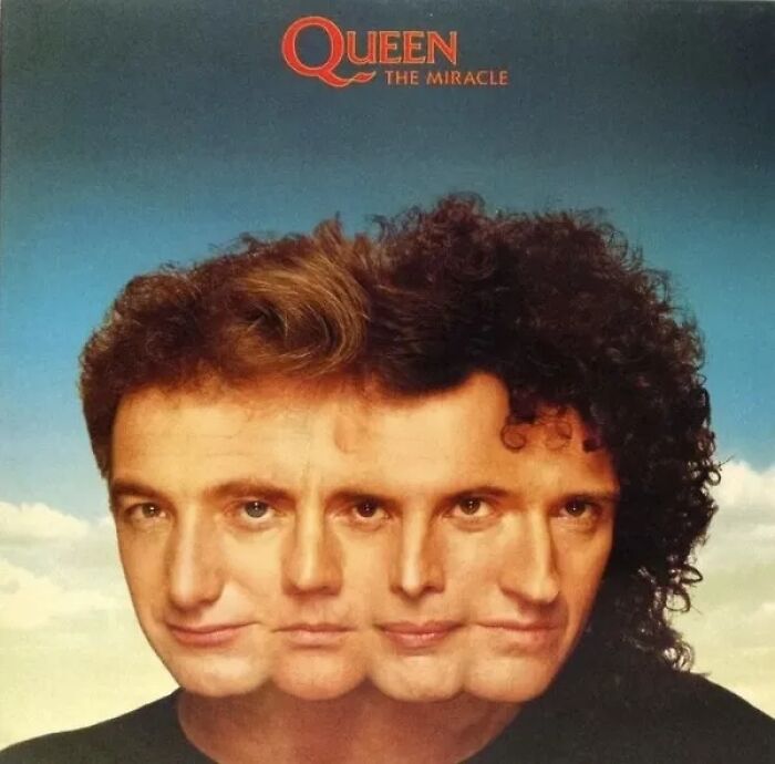 Queen album cover with overlapping faces under blue sky, showcasing one of the worst album cover designs.