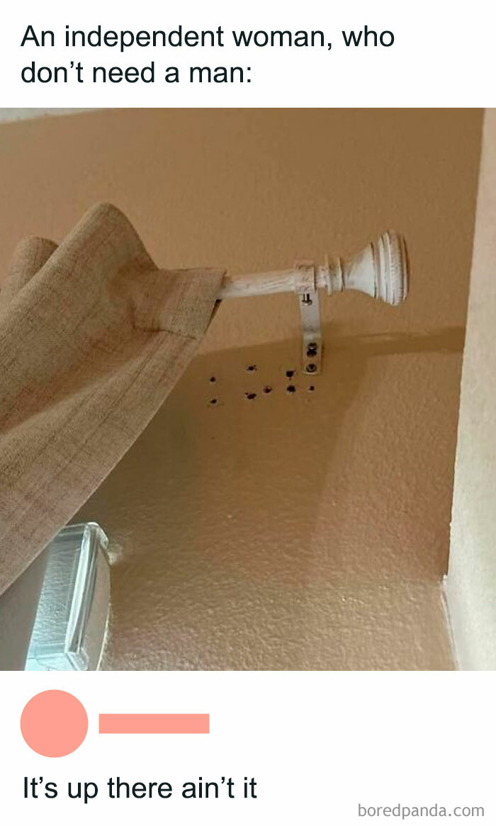 Curtain rod broken off the wall with screws left behind, illustrating chaos and randomness in viral meme content.
