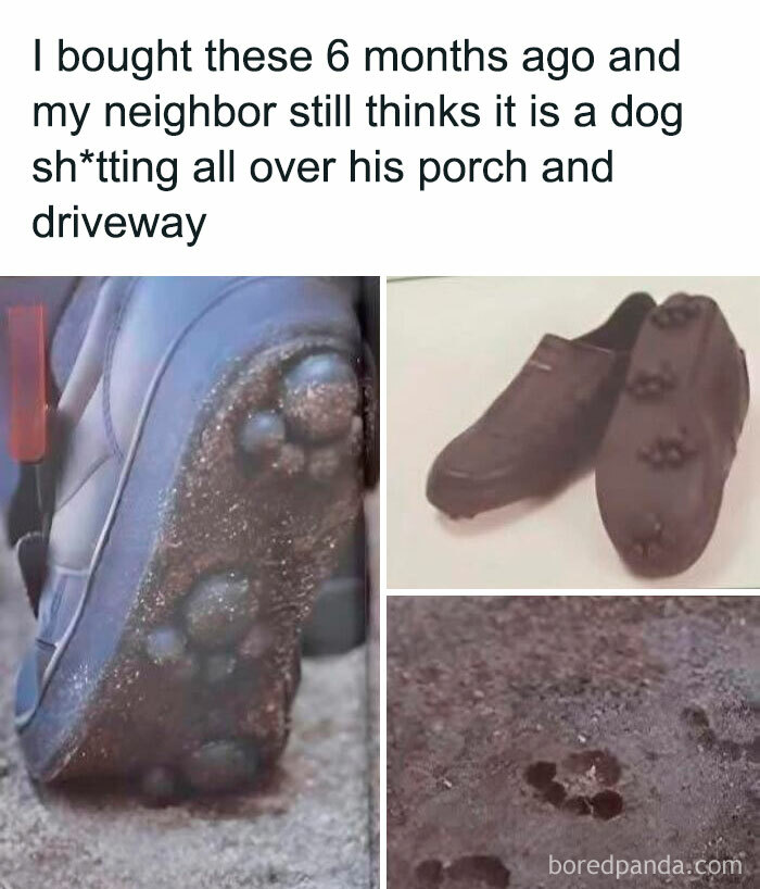Close-up of shoes with paw print soles, shown on porch, illustrating viral memes featuring chaotic and funny footwear impressions.