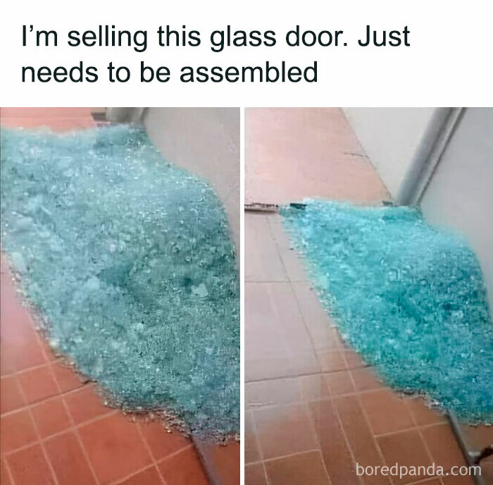 Pile of shattered glass on the floor humorously labeled as a glass door needing assembly in random viral memes post.