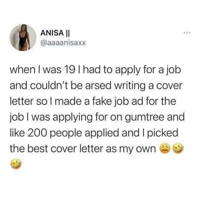 Screenshot of a viral meme about a creative job application strategy shared on a popular random memes page.