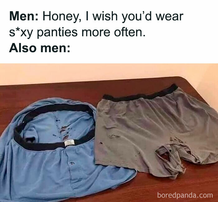 Worn-out and torn men's underwear humor, showcasing random and viral memes from a goldmine of chaos page.